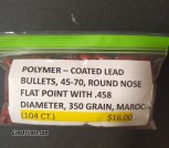 POLYMER COATED LED, 45-70, FLAT POINT WITH .458 DIAMETER, 350 GRAIN MAROON (104 COUNT) 