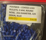 POLYMER COATED LED BULLETS 9MM .356 DIAMETER, 124 GRAIN (231 COUNT)