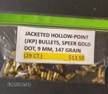 JACKETED HOLLOW POINT SPEER GOLD 9MM BULLETS, 147 GRAIN (29 COUNT)