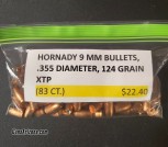 HORNADY 9MM BULLETS, .355 DIAMETER, 124 GRAIN XTP (83 COUNT)