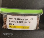 PVRI PARTIZAN BULLETS 6.5MM, .263, 156 GRAIN SPRN (89 COUNT)
