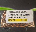 243 CALIBER 6MM 243 DIAMETER, 100 GRAIN SPITZER BULLETS (106 COUNT)