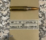 Hirtenberger (HP) 7.62×51mm NATO — Austrian military surplus — StG 58 ball ammo — 1977, Lot 23 — 20 rounds.