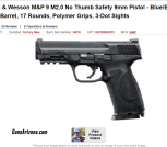 Smith & Wesson M&P 9 M2.0 No Thumb Safety 9mm Pistol - Blue/Black, 4.25' Barrel, 17 Rounds, Polymer Grips, 3-Dot Sights